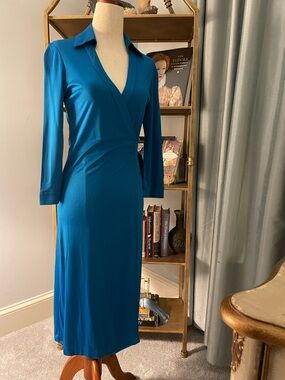 DVF Diane von Furstenberg Teal Wrap Midi Dress Abigail Long Sleeve Sz 2 0 XS XXS